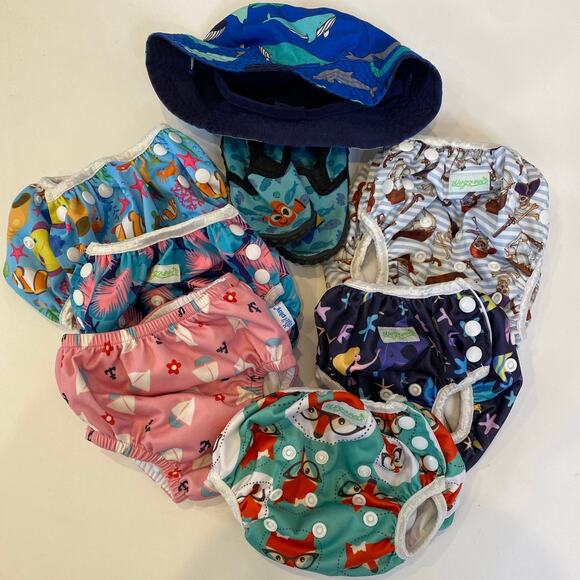 Baby Beach Bundle 6 Swim Diapers Sun Hat Water Shoes EUC Sm & Lg - Picture 1 of 9